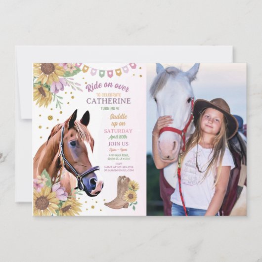 Invitation Horse Riding Party Pony Sunflower Girl'anniversair (Devant)