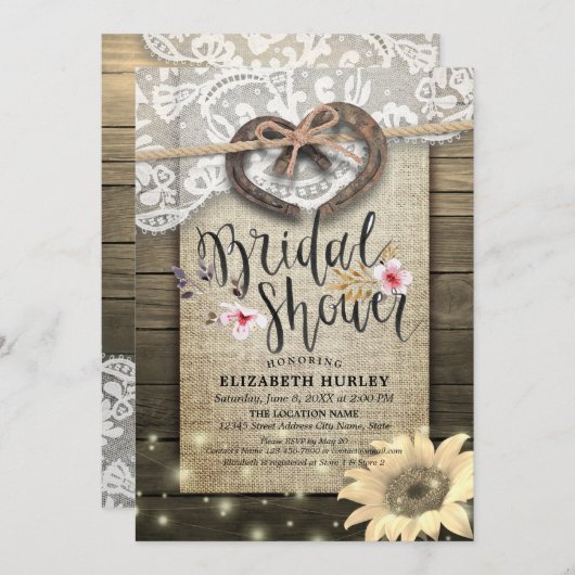 Invitation Horseshoe Lace Burlap Sunflower Fête des mariées e (Devant / Derrière)