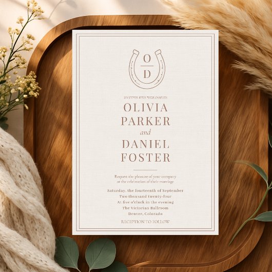 Invitation Horseshoe Western Country Brown Monogram Wedding