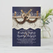 Invitation Horseshoes Lace Wood Navy Rustic Mariage (Debout devant)