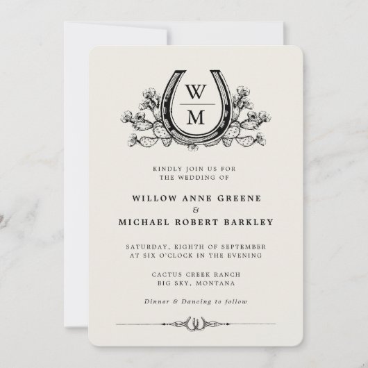 Invitation Horseshos Cactus Western Country Boho Mariage (Devant)