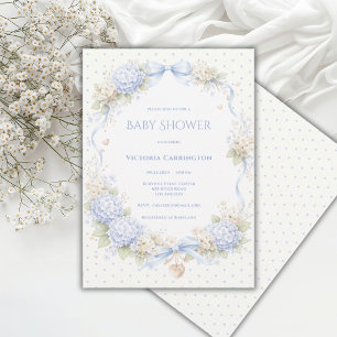 Invitation Hortensias Bleus Blancs Ruban Baby Shower Vintage