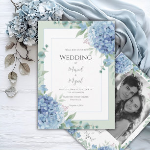 Invitation Hortensias Bleus Photo Florale Élégant Mariage
