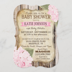 Invitation Hortensias de pays et baby shower en bois rustique
