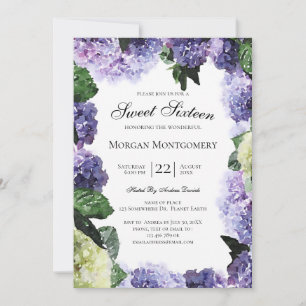 Invitation Hortensias ivoire et violets   White Sweet Sixteen