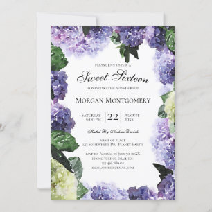 Invitation Hortensias ivoire et violets White Sweet Sixteen