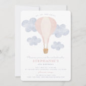 Invitation Hot Air Balloon rose Aquarelle Bébé Fille Annivers (Devant)