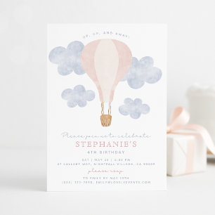 Invitation Hot Air Balloon rose Aquarelle Bébé Fille Annivers