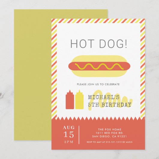 Invitation HOT DOG! Anniversaire de enfant moderne rouge et j (Devant / Derrière)