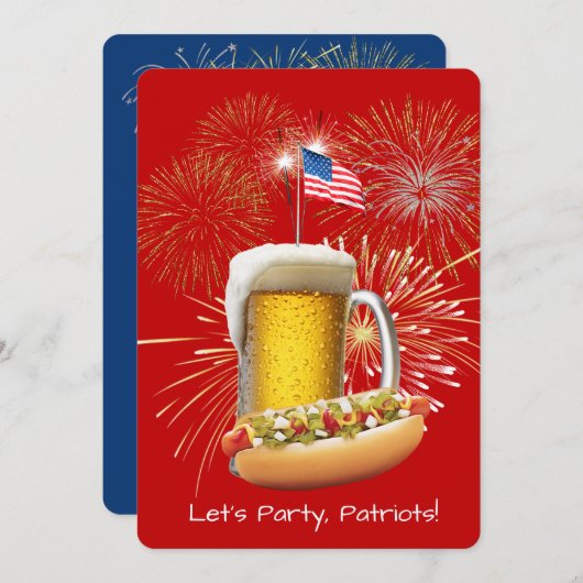 Invitation Hot Dog et Bière avec Feu d'Artifice et Drapeau (Devant / Derrière)