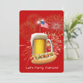 Invitation Hot Dog et bière avec feux d'artifice et drapeau (Debout devant)