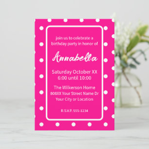 Invitation Hot Neon rose et blanc Pois fête d'anniversaire
