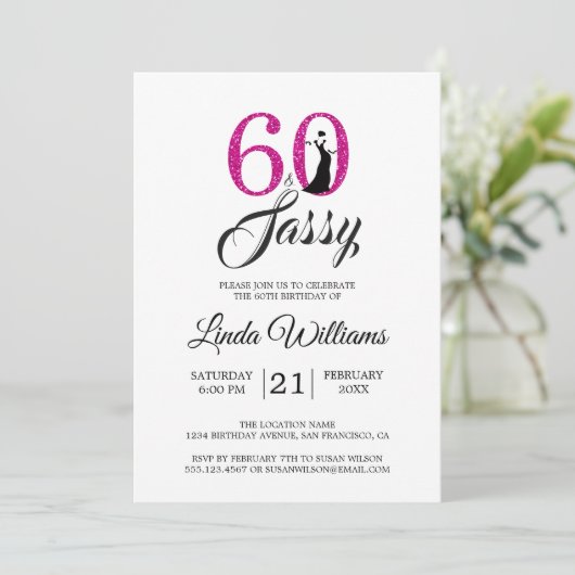 Invitation Hot Pink 60 et Sassy | 60e fête d'anniversaire (Debout devant)