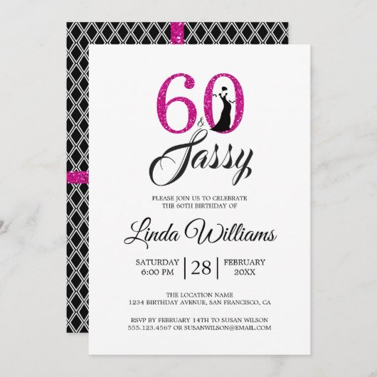 Invitation Hot Pink 60 et Sassy | 60e fête d'anniversaire (Devant / Derrière)
