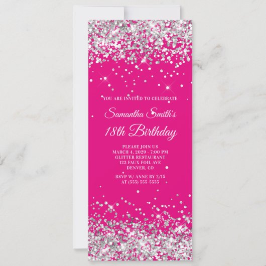 Invitation Hot Pink and Silver Glitter 18h Birthday (Devant)