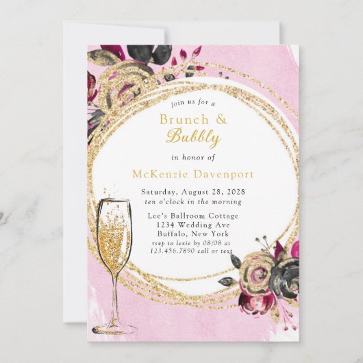 Invitation Hot Pink Black Peony Gold Brunch & Bubbly (Devant)