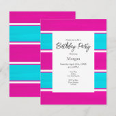 Invitation Hot Pink & Blue Cabana Stripes (Devant / Derrière)