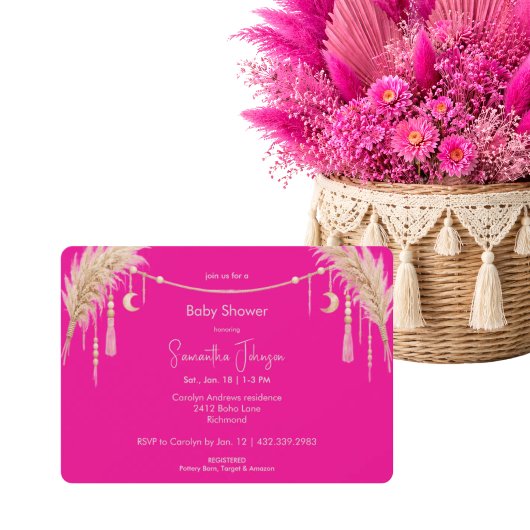 Invitation Hot Pink Boho Pampas Baby Shower