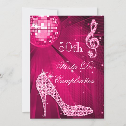 Invitation Hot Pink Disco Ball Sparkle Heels 50th Birthday  (Devant)
