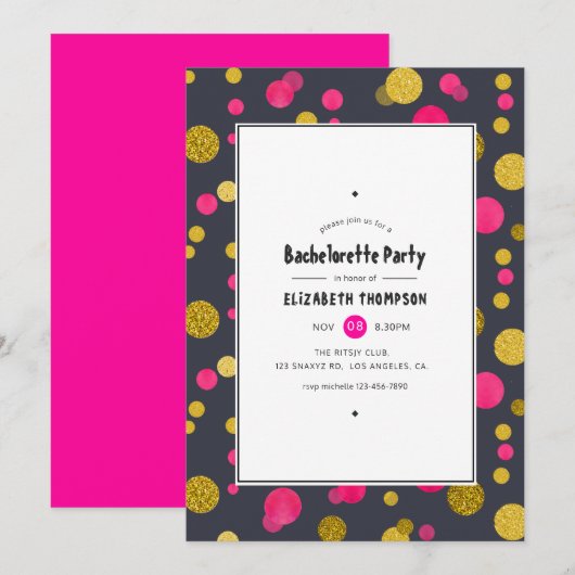 Invitation Hot-Pink et Gold Confetti Bachelorette (Devant / Derrière)