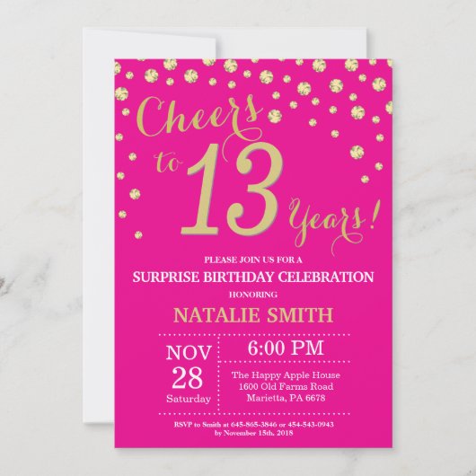 Invitation Hot Pink et Gold Surprise 13e anniversaire Diamond (Devant)