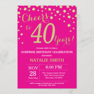 Invitation Hot Pink et Gold Surprise 40e Anniversaire Diamond