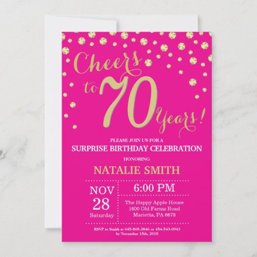 Invitation Hot Pink et Gold Surprise 70e anniversaire Diamond (Devant)