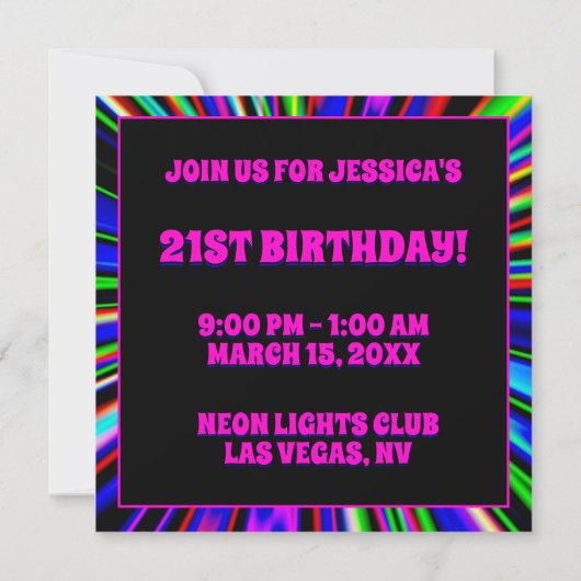 Invitation Hot Pink Neon Lights Club 21e anniversaire (Dos)
