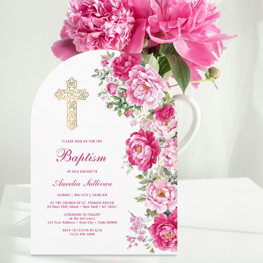 Invitation Hot Pink Peonies Arch Baptism