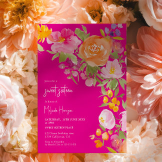 Invitation Hot Pink romantic summer floral sweet 16
