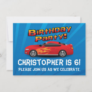 Invitation Hot Red Race Car Flames Boy's Birthday Party Med.