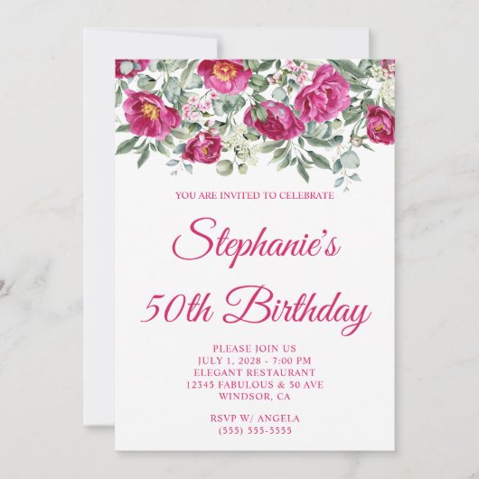 Invitation Hot rose Aquarelle Peonies 50e anniversaire (Devant)