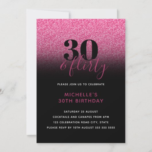 Invitation Hot Rose & Black Faux Parties scintillant 30 & Fli (Devant)
