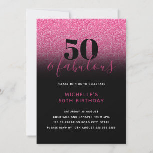 Invitation Hot Rose & Black Faux Parties scintillant 50 & Fab