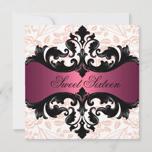 Invitation Hot rose & Black Floral Damask Anniversaire Invita (Devant)