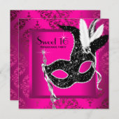 Invitation Hot rose Black Sweet 16 Masquerade Party (Devant / Derrière)