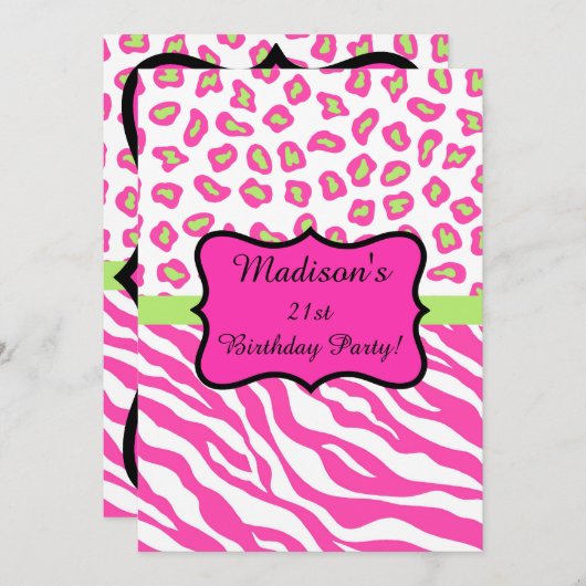 Invitation Hot rose blanc Zebra Leopard 21e fête d'anniversai (Devant / Derrière)