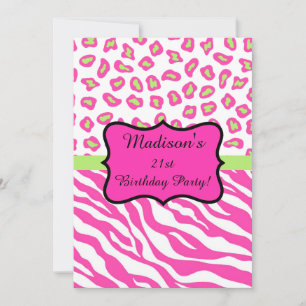 Invitation Hot rose blanc Zebra Leopard 21e fête d'anniversai