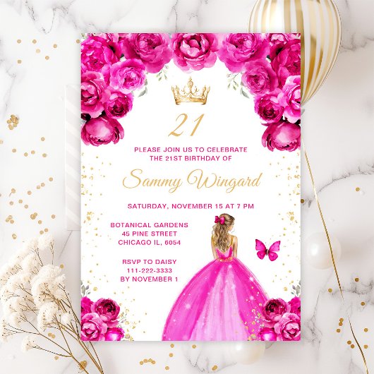 Invitation Hot rose Blonde cheveux Princesse Anniversaire
