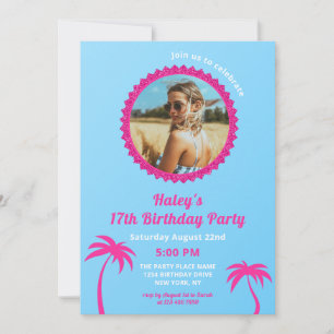Invitation Hot rose & Blue Photo moderne 17e anniversaire