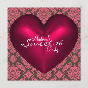 Invitation Hot rose Brown Rouge Coeur Damask Sweet 16 Party
