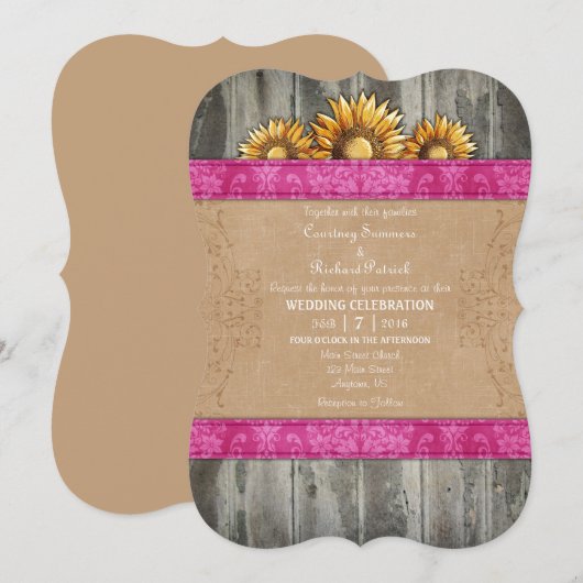 Invitation Hot rose Brown Rustique Mariage de tournesol (Devant / Derrière)