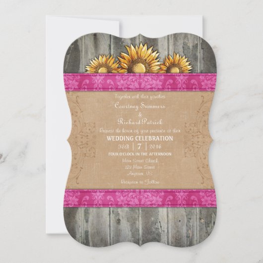 Invitation Hot rose Brown Rustique Mariage de tournesol (Devant)