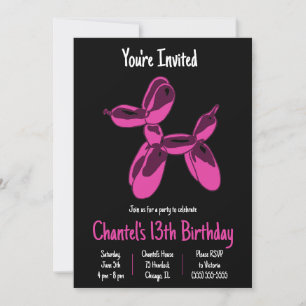 Invitation Hot rose Chien Balloon Animal, fête d'anniversaire