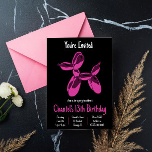 Invitation Hot rose Chien Balloon Animal, fête d'anniversaire