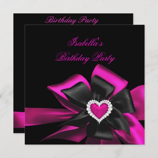 Invitation Hot rose Diamond Coeur Noir Bow Anniversaire (Devant / Derrière)