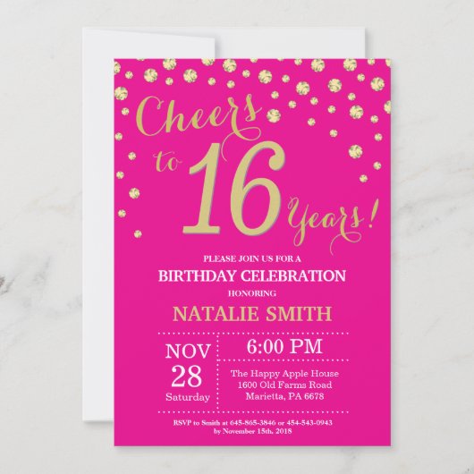 Invitation Hot rose et or 16e Anniversaire Diamond (Devant)