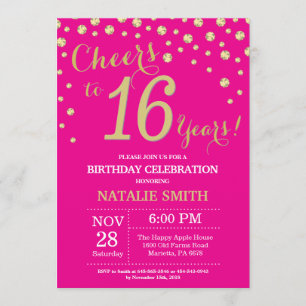 Invitation Hot rose et or 16e Anniversaire Diamond