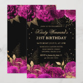 Invitation Hot rose et or Roses Floral 21e anniversaire (Devant / Derrière)
