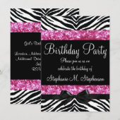 Invitation Hot rose étincelle Zebra Girl'anniversaire (Devant / Derrière)